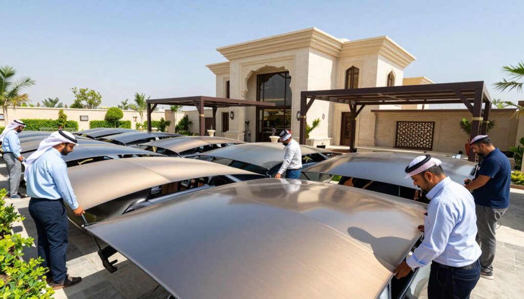 A professional installation scene showcasing metallic shades being constructed at a villa in Saudi Arabia. In the foreground, a diverse team of workers in professional business attire is diligently installing sleek, custom car shades, demonstrating teamwork and precision. The middle ground features various completed outdoor canopies, elegantly designed with modern architecture. In the background, the villa with traditional Saudi design, surrounded by lush landscaping under a clear blue sky, adds depth and context. The lighting is bright and sunny, enhancing the vibrant atmosphere of productivity. The camera angle captures the installation from a slightly elevated perspective for a dynamic view, conveying a sense of professionalism and expertise in outdoor shade solutions. A professional installation scene showcasing metallic shades being constructed at a villa in Saudi Arabia. In the foreground, a diverse team of workers in professional business attire is diligently installing sleek, custom car shades, demonstrating teamwork and precision. The middle ground features various completed outdoor canopies, elegantly designed with modern architecture. In the background, the villa with traditional Saudi design, surrounded by lush landscaping under a clear blue sky, adds depth and context. The lighting is bright and sunny, enhancing the vibrant atmosphere of productivity. The camera angle captures the installation from a slightly elevated perspective for a dynamic view, conveying a sense of professionalism and expertise in outdoor shade solutions.