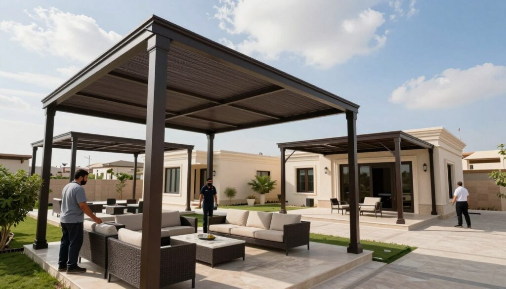 A professional installation scene showcasing "شركة مظلات وسواتر الشرقية," emphasizing custom shade structures for luxurious Saudi villas and houses. In the foreground, skilled workers are installing a large, stylish shade canopy over a beautiful outdoor patio adorned with elegant furniture. In the middle ground, several different types of shade structures, such as slatted awnings and retractable canopies, are displayed, each tailored to complement the architectural style of nearby homes. The background features a picturesque neighborhood in Al-Nadhe, West Dammam, under a bright blue sky with soft sunlight filtering through scattered clouds. The mood is professional, highlighting craftsmanship and attention to detail, with a focus on service excellence in outdoor enhancement projects.