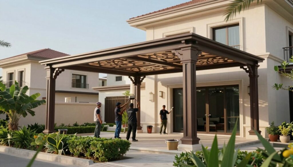 A professional installation scene showcasing "شركة مظلات وسواتر الشرقية," highlighting custom shade structures in a modern Saudi villa setting. In the foreground, an elegantly designed shade structure with intricate patterns provides protection from the sun, surrounded by lush greenery. The middle ground features skilled workers in professional attire, demonstrating the installation process with focus and professionalism. The background captures a contemporary Saudi villa architecture, with a clear blue sky enhancing the serene atmosphere. Soft, warm natural lighting illuminates the scene, creating a welcoming and inviting mood. A shallow depth of field emphasizes the shade structure while ensuring the overall composition remains cohesive and visually striking.