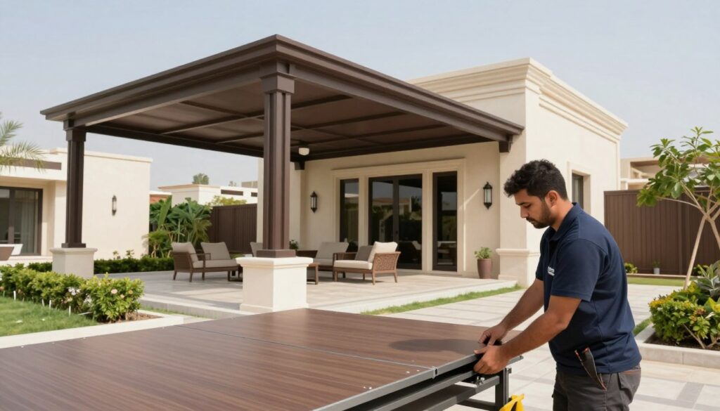 A professional installer in business attire is skillfully assembling custom shade structures in a residential area of Dammam, showcasing modern design and high-quality materials. The foreground features the installer focused on connecting sleek, contemporary panels made of durable materials. In the middle ground, a freshly completed shade structure provides ample coverage for a luxurious Saudi villa's outdoor space, with beautiful landscaping framing the scene. The background reveals a clear blue sky and the serene architecture typical of Dammam. Soft, natural lighting enhances the textures of the materials, and the image captures a sense of professionalism and attention to detail, conveying a mood of reliability and elegance in outdoor living spaces.
