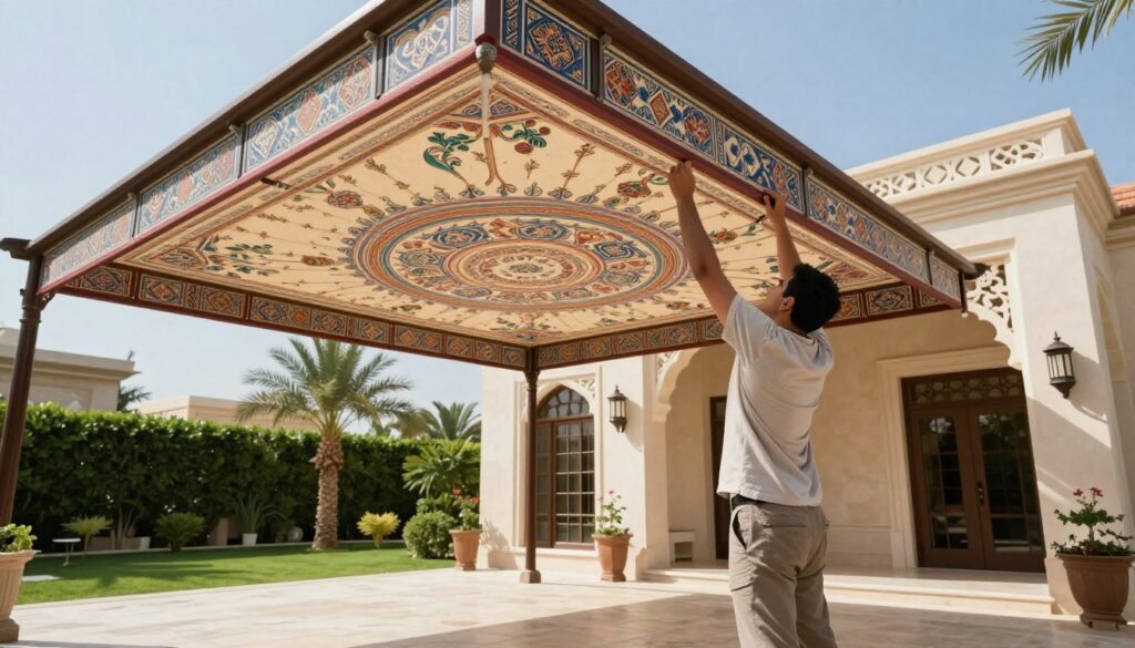 A professional installer showcasing a beautifully designed hanging shade structure over a luxurious Saudi villa courtyard. The foreground features a skilled technician wearing modest casual clothing, carefully inspecting the intricate details of the shade installation, emphasizing craftsmanship. In the middle ground, the elegantly constructed shade features artistic patterns and vibrant colors, providing a striking contrast to the villa’s architecture. The background includes a serene garden with lush greenery and palm trees, under a bright, clear blue sky, with soft sunlight illuminating the scene, creating a warm and inviting atmosphere. The composition is captured from a low angle to enhance the grandeur of both the villa and the shade structure, conveying a sense of quality and sophistication.