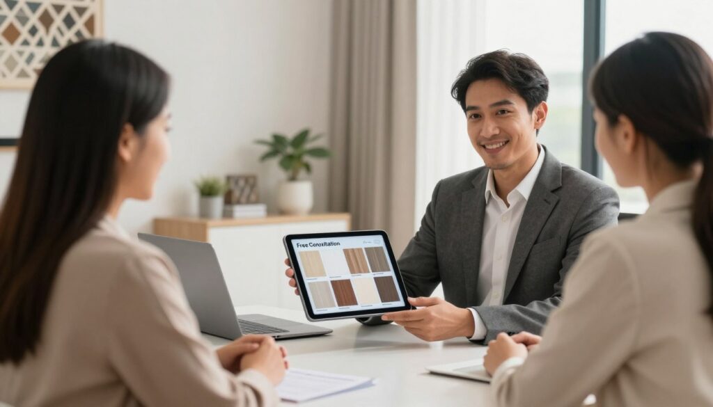 A professional, inviting office setting featuring a well-dressed consultant seated at a sleek desk, interacting with clients. The consultant is displaying a digital tablet, showcasing various modern shade designs suitable for Saudi villas, while clients, dressed in smart casual attire, appear engaged and interested. The background includes a stylish, minimalistic decor with subtle hints of Middle Eastern design elements, such as geometric patterns and warm color tones. Soft, natural lighting streams through large windows, creating a welcoming atmosphere. The perspective is slightly angled to emphasize the interaction, while maintaining focus on the consultant and the tablet, encapsulating the essence of a "Free Consultation" for shade structure services.
