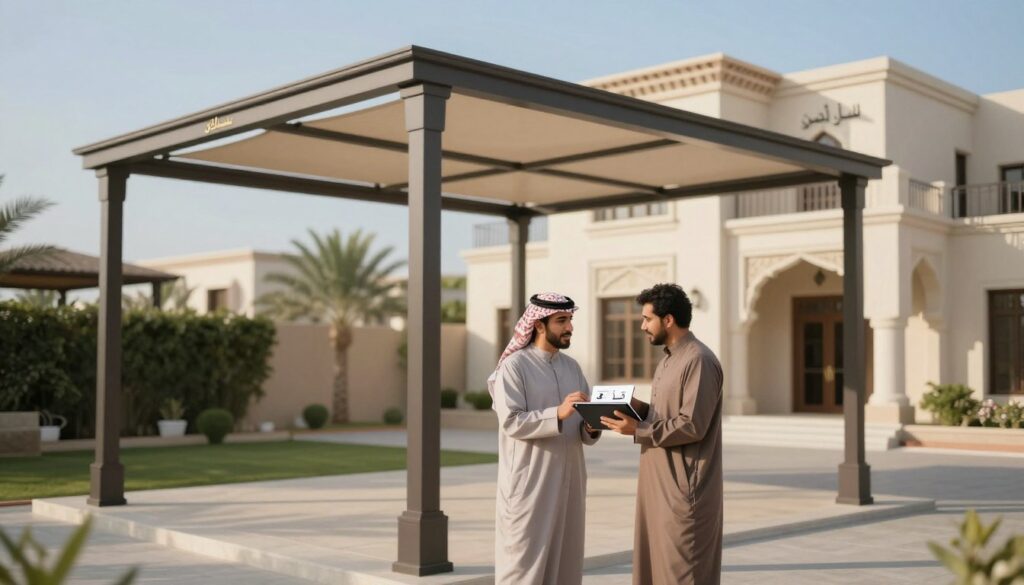 A professional landscape showcasing custom shade structures, called 'سواتر لكسان', designed for Saudi villas and houses. In the foreground, display an elegant and intricate shade structure providing high light permeability and maximum privacy, with subtle textures and colors reflecting the Saudi environment. In the middle ground, include a modestly dressed consultant discussing design options with a cliente, both engaged in conversation and examining design samples on a tablet. The background features a luxurious villa with traditional Saudi architectural elements, bathed in warm daylight, casting soft shadows on the ground. Capture an atmosphere of collaboration and expertise, with a clear blue sky enhancing the serene environment. Use a soft focus to create a pleasant and inviting mood, avoiding any text or logos.