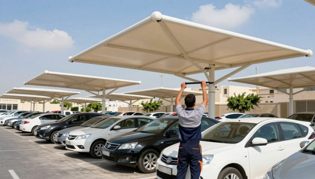 A professional maintenance scene of car park shade structures in a bustling urban environment. In the foreground, a skilled technician in smart work attire inspects and adjusts a large, sturdy shade canopy above parked vehicles. In the middle ground, several well-maintained shade structures, offering ample protection from sunlight, showcase various designs suitable for residential areas, particularly in Saudi Arabia. The background features a sunny blue sky with a few fluffy clouds, and nearby greenery, creating a balanced atmosphere. The lighting is bright and natural, emphasizing the professionalism of the maintenance work. Capture the scene from a slight low angle to highlight the scale and importance of these structures while maintaining a clean, organized appearance of the car park.