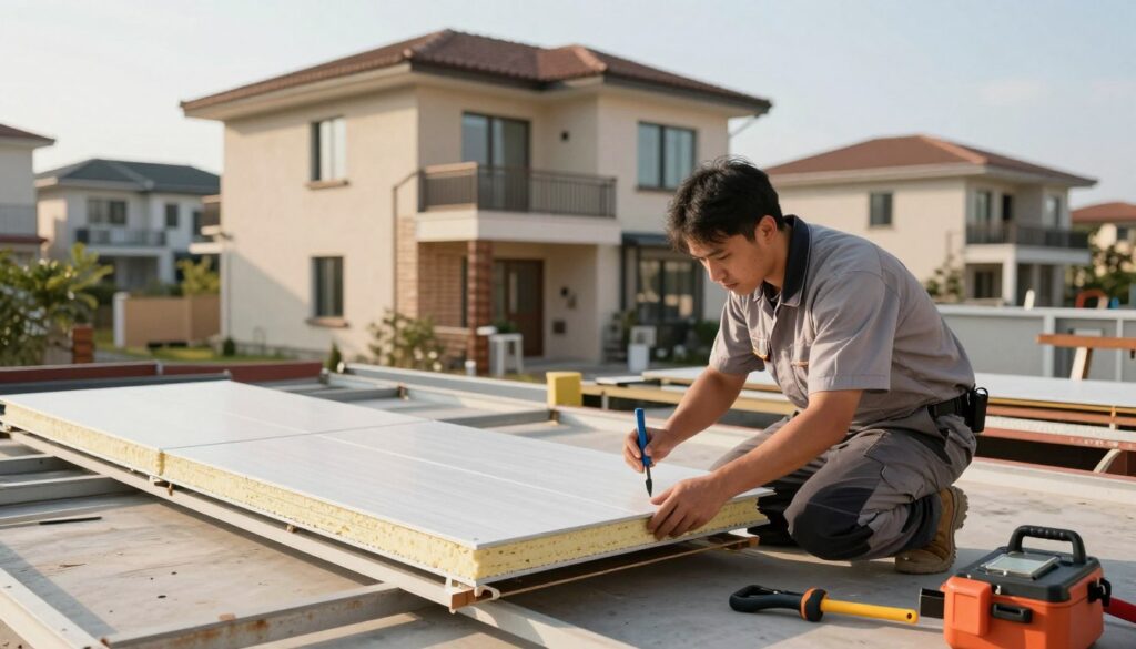 A professional maintenance technician inspecting and maintaining a sandwich panel installation in a residential complex, with a focus on fire-resistant features. In the foreground, the technician, dressed in a clean uniform, is carefully checking the seams and insulation of the panels using tools. In the middle background, a well-structured residential building with multiple layers of sandwich panels highlights their aesthetic appeal and functionality, bathed in natural sunlight. The background showcases other nearby villas, emphasizing a safe and modern neighborhood atmosphere. The image captures a sense of professionalism and attention to detail, with warm lighting that creates a welcoming mood. Various tools and equipment are arranged neatly around the technician to convey an organized workspace.