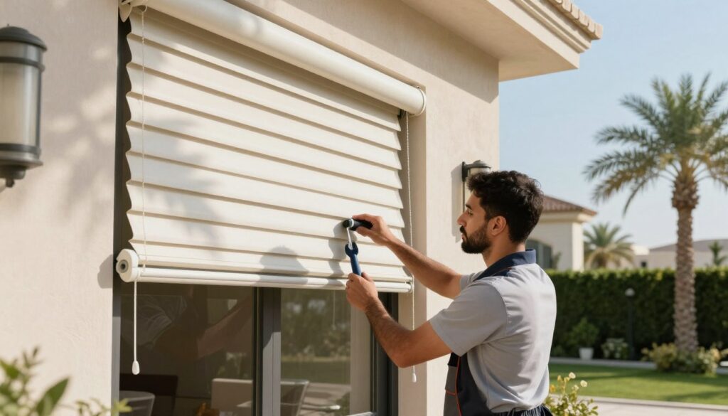 A professional maintenance technician inspecting and servicing modern Louvre shades installed on a stylish villa in Dammam, Saudi Arabia. The foreground features the technician in a smart casual outfit, using tools to adjust the shade slats for optimal functionality. In the middle ground, showcase the Louvre shades casting intricate shadows on the villa's façade, highlighting their elegant design and versatility. The background features a lush garden with palm trees under a clear blue sky, conveying a relaxed and pleasant atmosphere. Soft, natural lighting emphasizes the quality of the materials and craftsmanship. The overall mood should feel professional yet approachable, reflecting the blend of privacy and ventilation that these shades provide to homes.