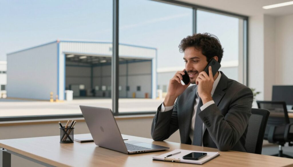 A professional office setting focusing on communication, featuring an elegantly designed desk with a laptop, notepad, and smartphone, symbolizing the ease of contacting for sandwich panel hangars. In the foreground, a business professional in smart attire, engaged in a conversation over the phone, conveys a warm and inviting atmosphere. The middle-ground shows a large window, allowing natural light to filter in, highlighting a modern industrial space with sandwich panel hangars visible outside. The background highlights a scenic view of an industrial area in Dammam, with clear blue skies. The overall mood is polished and professional, emphasizing accessibility and efficient service. Soft, diffused lighting enhances the clarity and warmth of the image, inviting viewers to reach out for services.