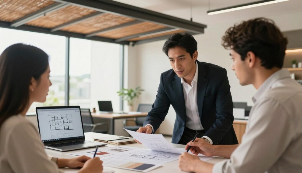 A professional representative of a shade and canopy company interacts with clients in a modern office setting, emphasizing communication and service. In the foreground, depict a well-dressed consultant engaged in a discussion with a customer, both reviewing blueprints and samples of sandwich panel structures. The middle ground showcases a stylish office environment, featuring a table with design materials and a laptop displaying project options. The background illustrates large windows allowing natural light to stream in, creating an inviting atmosphere. The lighting is bright yet warm, highlighting the professionalism of the interaction. The mood is collaborative and focused, conveying trust and expertise in installing custom shade structures for villas and houses in Saudi Arabia.