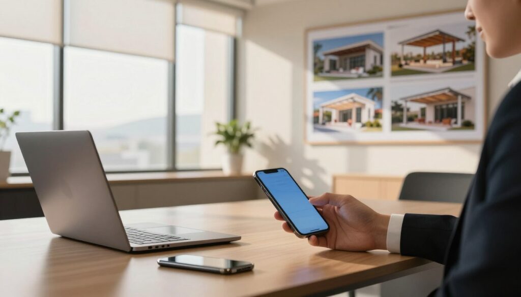 A professional scene depicting a modern business office focused on communication, featuring a sleek desk with a laptop and a smartphone arranged neatly. In the foreground, a hand reaches towards a smartphone, showcasing the ease of connecting with clients. The middle ground includes a stylish backdrop with large windows allowing soft, natural light to enter, casting gentle shadows across the room. In the background, a bulletin board displays images of custom shade structures installed in elegant Saudi villas, highlighting durability and style. The atmosphere is warm and inviting, evoking a sense of professionalism and approachability. The image should convey a clear, polished environment suitable for business interactions, without any text or branding elements.