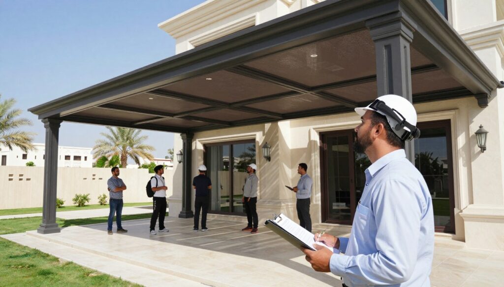 A professional scene depicting a quality assurance process for custom shade structures, focusing on a skilled team installing a stylish shade awning in a modern Saudi villa. In the foreground, show a technician in professional business attire inspecting the installation with a clipboard, ensuring all safety and quality standards are met. In the middle ground, highlight a partially completed shade structure that matches the villa's architecture, showcasing high-quality materials and craftsmanship. The background reveals a sunny day in the upscale neighborhood of Al Khaleej in Dammam, with traditional Saudi-style architecture and palm trees swaying gently. Use bright, natural lighting to create a clear, vibrant atmosphere, emphasizing professionalism and attention to detail, with a well-balanced composition.