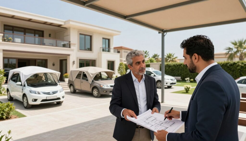 A professional scene showcasing a team of experts engaged in a free consultation for custom outdoor canopies at a villa in Saudi Arabia. In the foreground, depict two well-dressed consultants examining blueprints and discussing plans, radiating a sense of expertise and collaboration. The middle ground features various designs of car shades and canopies, artfully arranged to highlight their functionality and aesthetics. In the background, a modern villa is visible, surrounded by lush landscaping under clear blue skies, creating a warm, inviting atmosphere. Use bright, natural lighting to enhance the scene and emphasize the professionalism of the consultants. Capture this moment from a slightly elevated angle to provide a comprehensive view of the consultation process.