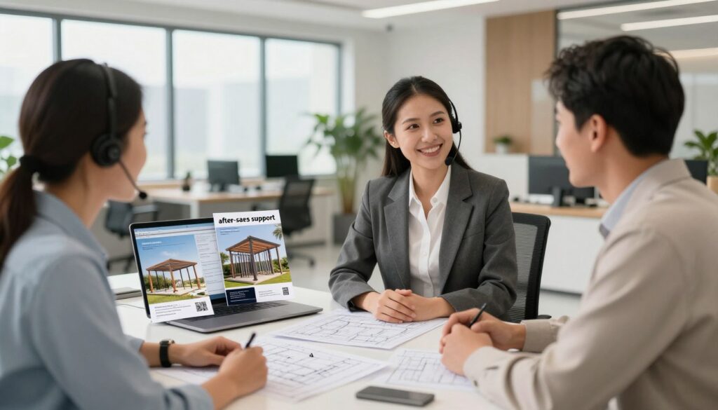 A professional setting illustrating "after-sales support" in a well-lit, modern office space. In the foreground, a friendly customer service representative in smart business attire is engaged in a conversation with a satisfied client, both smiling and surrounded by blueprints of custom shade structures. In the middle, a table features various brochures showcasing the installation of shade structures for Saudi villas, alongside a laptop displaying project details. The background shows an elegant office with large windows allowing natural light, plants, and a serene atmosphere. Capture the essence of professionalism and reliability, generating a welcoming and supportive mood that emphasizes the commitment to customer satisfaction in after-sales service.