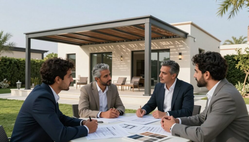 A professional setting showcasing a team of advisors engaged in a consultation about custom shade structures for villas in Saudi Arabia. In the foreground, a diverse group of two or three individuals dressed in smart casual attire, actively discussing design options, with blueprints and samples on a table. The middle ground features a modern villa with a stylish, newly installed shade structure, showcasing various designs and materials, reflecting contemporary architecture. In the background, lush greenery and clear blue skies enhance the peaceful atmosphere, symbolizing a welcoming environment for home improvement. Soft, natural lighting casts gentle shadows, evoking a sense of professionalism and innovation in service.