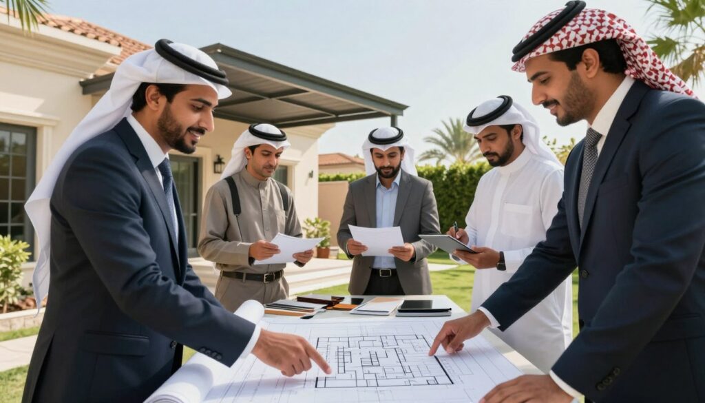 A professional setting showcasing a team of skilled workers in smart business attire, engaged in a consultation about installing custom car shades and outdoor canopies for villas in Saudi Arabia. In the foreground, a friendly professional gestures towards a large, detailed blueprint laid out on a table. The middle ground features the team discussing ideas and examining various materials, conveying a sense of collaboration and expertise. In the background, a bright and sunny outdoor environment highlights the villas and the canopies to be installed, with lush greenery and clear blue skies enhancing the atmosphere of a successful partnership. The lighting is warm and inviting, capturing the essence of a professional yet approachable consultation.