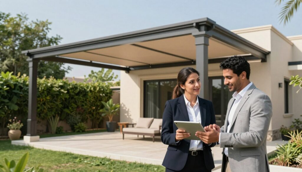 A professional setting showcasing a well-designed shade structure installation outside a Saudi villa. In the foreground, a group of two professionals, a man and a woman, both in business attire, are discussing plans over a tablet, smiling and engaging with each other. In the middle, the custom shade structure is elegantly designed, made from high-quality materials, providing a cozy outdoor space with lush greenery surrounding it. The background features a clear blue sky, casting soft natural light, enhancing the overall professionalism of the scene. The atmosphere is welcoming and friendly, embodying the theme of collaboration and consultation for shade solutions.