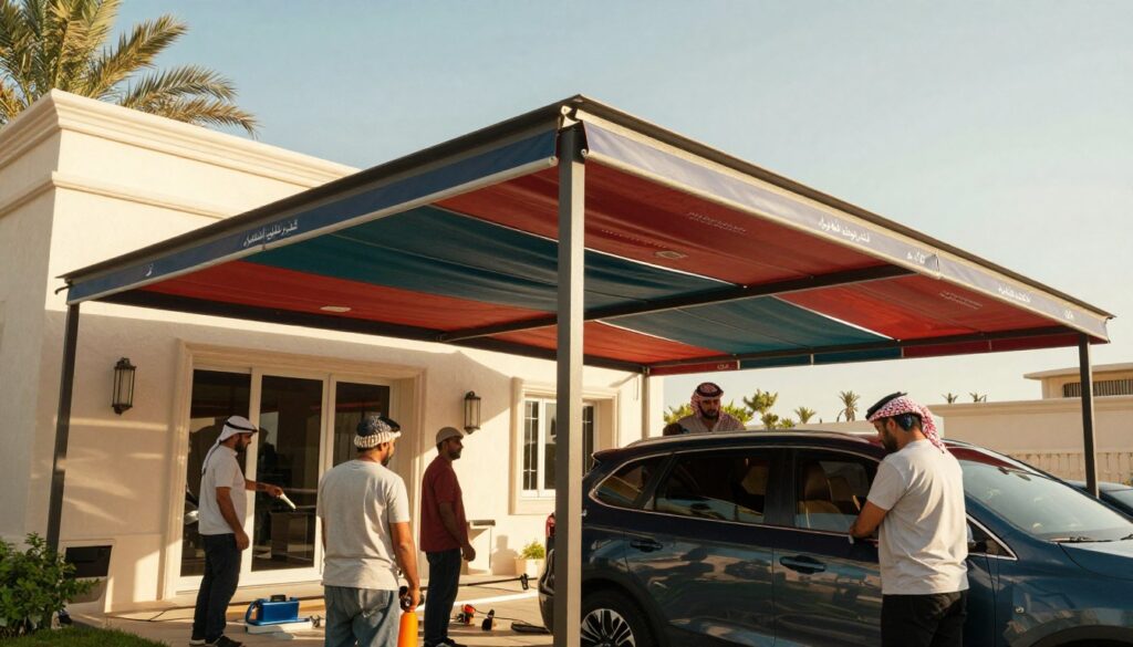 A professional team carefully installing custom car shades and outdoor canopies for villas in Saudi Arabia. In the foreground, skilled workers wearing modest casual clothing, using tools and equipment, are actively engaged in the installation process. The middle ground features beautifully designed, colorful canopies draping elegantly over a luxurious villa, showcasing their purpose to provide shade and protection from the sun. In the background, a bright blue sky and palm trees gently sway, enhancing the serene atmosphere of the outdoor setting. The lighting is warm and inviting, suggesting a sunny day, while the lens captures a slightly elevated angle to showcase the scale and beauty of the installation. The overall mood is professional, focused, and harmonious, perfectly representing the values of "شرکة مظلات وسواتر الشرقية."