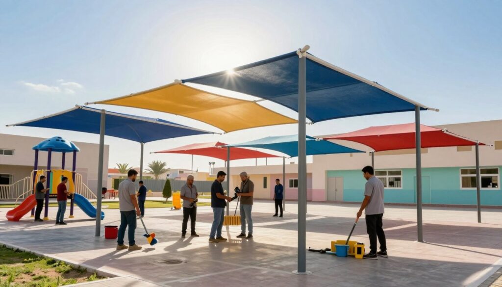 A professional team diligently installing vibrant, custom canopies over school playgrounds in Dammam, showcasing a variety of colorful shade structures. In the foreground, depict skilled workers wearing modest, professional attire using tools and equipment while standing on a well-maintained schoolyard. The middle layer focuses on the sleek canopies, showcasing their design and practicality, with sunlight filtering gently through. The background features a clear blue sky and the silhouette of a modern school building, painted in soft pastel colors. Capture the atmosphere of teamwork and innovation, highlighting the importance of outdoor shade solutions in educational settings, with natural lighting enhancing the vibrant colors of the canopies and the school environment. A professional team diligently installing vibrant, custom canopies over school playgrounds in Dammam, showcasing a variety of colorful shade structures. In the foreground, depict skilled workers wearing modest, professional attire using tools and equipment while standing on a well-maintained schoolyard. The middle layer focuses on the sleek canopies, showcasing their design and practicality, with sunlight filtering gently through. The background features a clear blue sky and the silhouette of a modern school building, painted in soft pastel colors. Capture the atmosphere of teamwork and innovation, highlighting the importance of outdoor shade solutions in educational settings, with natural lighting enhancing the vibrant colors of the canopies and the school environment.