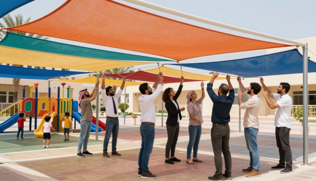 A professional team, dressed in smart casual attire, is installing custom outdoor canopies in a school courtyard in Dammam, Saudi Arabia. In the foreground, show a diverse group of workers securely mounting a large, colorful fabric shade over a play area, smiling and engaging with each other. The middle section displays the vibrant school environment with children happily playing under the newly installed canopies. In the background, there are palm trees and a bright blue sky, suggesting a warm, sunny day. Soft, natural lighting enhances the scene, creating an inviting atmosphere. The lens captures a slight angle to emphasize the scale and importance of outdoor protection in educational spaces, fostering a sense of community and safety.