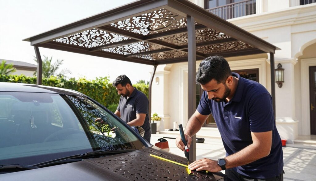 A professional team dressed in smart casual clothing installs custom laser-cut car shades and outdoor canopies for a luxurious villa in Saudi Arabia. In the foreground, a skilled technician is carefully measuring and cutting materials with precision tools, while another team member assists. The middle ground features a partially installed outdoor canopy, showcasing intricate laser-cut designs that filter sunlight beautifully. In the background, the villa’s elegant architecture complements the installation, surrounded by lush landscaping. Bright, natural lighting enhances the scene, casting soft shadows and highlighting the details of the materials. The mood is one of professionalism and craftsmanship, emphasizing quality service and attention to detail.