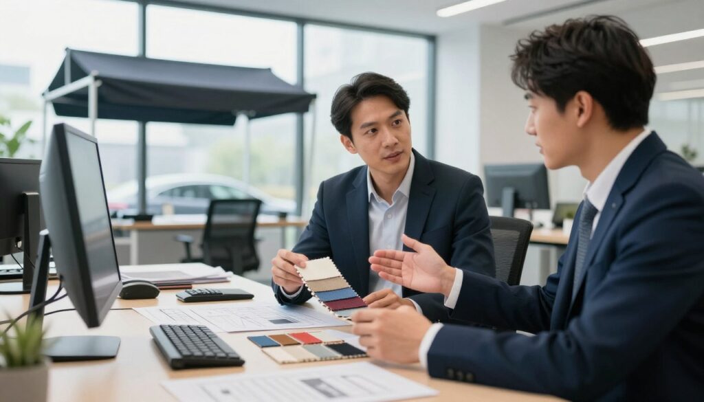 A professional team engaged in customer service, with two individuals in business attire, discussing custom car shades and outdoor canopies in a modern office setting. In the foreground, one team member is gesturing towards a high-quality swatch of fabric, symbolizing the products offered. The middle ground features a sleek desk with design plans and samples laid out, showcasing the meticulous planning involved. In the background, large windows allow natural light to flood the space, creating a bright and inviting atmosphere. The ambiance conveys professionalism and warmth, reflecting an eagerness to assist clients. The lighting is soft yet vibrant, highlighting the features of the office while maintaining focus on the team’s interaction.