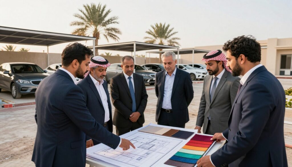 A professional team in business attire is engaged in a detailed discussion at a construction site, centered around custom car shades and outdoor canopies specifically designed for villas in Saudi Arabia. In the foreground, a team member points to a large architectural plan laid out on a table, while others examine fabric samples for the shades, showcasing vibrant colors that complement the local architecture. The middle ground features partially installed canopies over elegant cars parked in the background, with palm trees softly swaying in the breeze. The scene is bathed in warm, natural sunlight, enhancing the inviting atmosphere. The image should capture the essence of collaboration and expertise, with a focus on outdoor structures suitable for schools in Qatif.