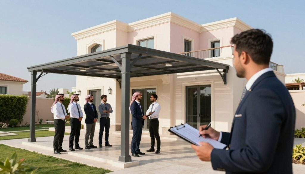 A professional team in business attire meticulously inspecting custom shade structures at a modern Saudi villa, emphasizing the theme of quality assurance. In the foreground, a sharp focus on a quality control inspector holding a checklist, examining the durability and installation of the shade structures against the bright afternoon sun. In the middle ground, several elegantly designed metal shade structures provide a stunning contrast against the soft pastel colors of the villa's exterior, showcasing their robustness. The background features a clear blue sky and a well-manicured garden, creating a serene atmosphere. Bright, natural lighting highlights the professionalism of the staff and the quality of the materials used, conveying a sense of trust and assurance in the product's durability and safety.