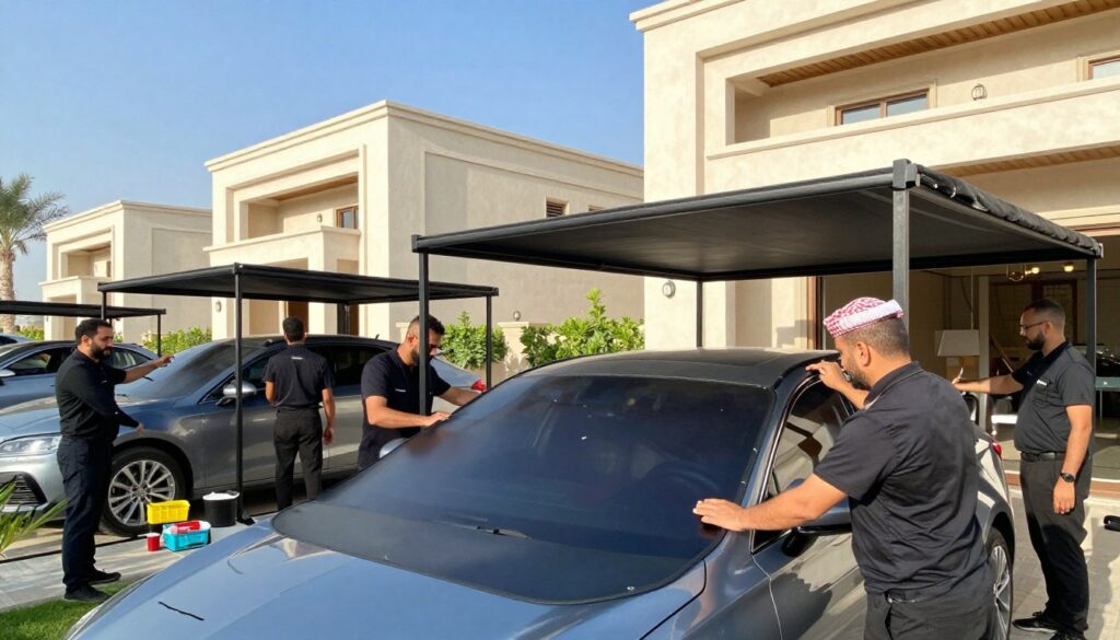 A professional team in sleek uniforms is actively installing custom car shades and outdoor canopies outside modern villas in Jubail, Saudi Arabia. In the foreground, focus on the meticulous assembly of a high-quality car shade, with tools and materials neatly arranged. The middle ground features the stylish architecture of the villas, blending traditional and contemporary elements, showcasing the benefits of the canopies. In the background, lush greenery and a clear blue sky enhance the serene atmosphere, emphasizing a sense of luxury and comfort. The lighting is bright and natural, casting soft shadows that create depth. Capture this scene from a slightly elevated angle to highlight the team’s professionalism and the architectural beauty of the canopies. The mood is sunny, inviting, and focused on quality craftsmanship.
