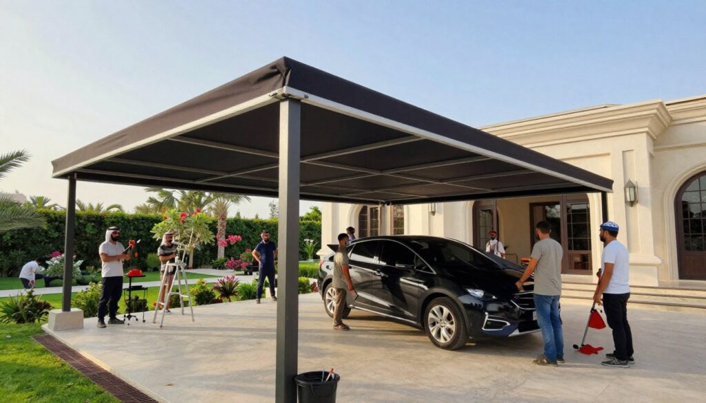 A professional team installing custom car shades and outdoor canopies at a luxurious villa in Saudi Arabia. In the foreground, showcase the installation process with workers in modest casual clothing using tools and equipment. The middle ground features elegant canopies and shades, seamlessly integrated into the villa’s architecture, providing shadow and shelter. The background reveals lush gardens filled with flowering plants and serene pathways, under a bright blue sky with soft, diffused sunlight creating a pleasant atmosphere. Capture the scene from a slightly elevated angle, emphasizing the scale and beauty of the installation while keeping the focus on the teamwork and design elements.