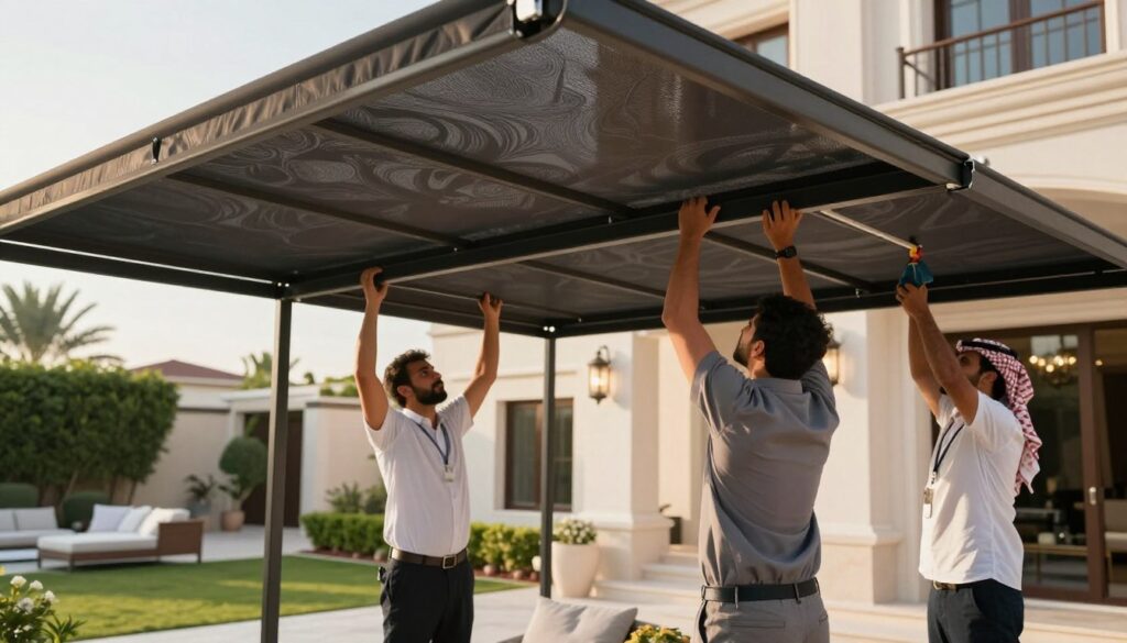 A professional team installing custom car shades and outdoor canopies at a villa in Saudi Arabia, showcasing their expertise. In the foreground, two workers in professional business attire are using tools to secure the canopy frame, demonstrating teamwork and focus. In the middle ground, a partially installed shade is visible, displaying intricate designs that harmonize with the villa's architecture. The background features a sunny day with well-maintained landscaping, emphasizing a luxurious outdoor living environment. Soft, warm lighting enhances the scene, creating an inviting atmosphere. The angle is slightly elevated, providing a comprehensive view of the installation process while capturing the elegance of the setting. The mood is professional and industrious, reflecting the theme of special offers and additional services.