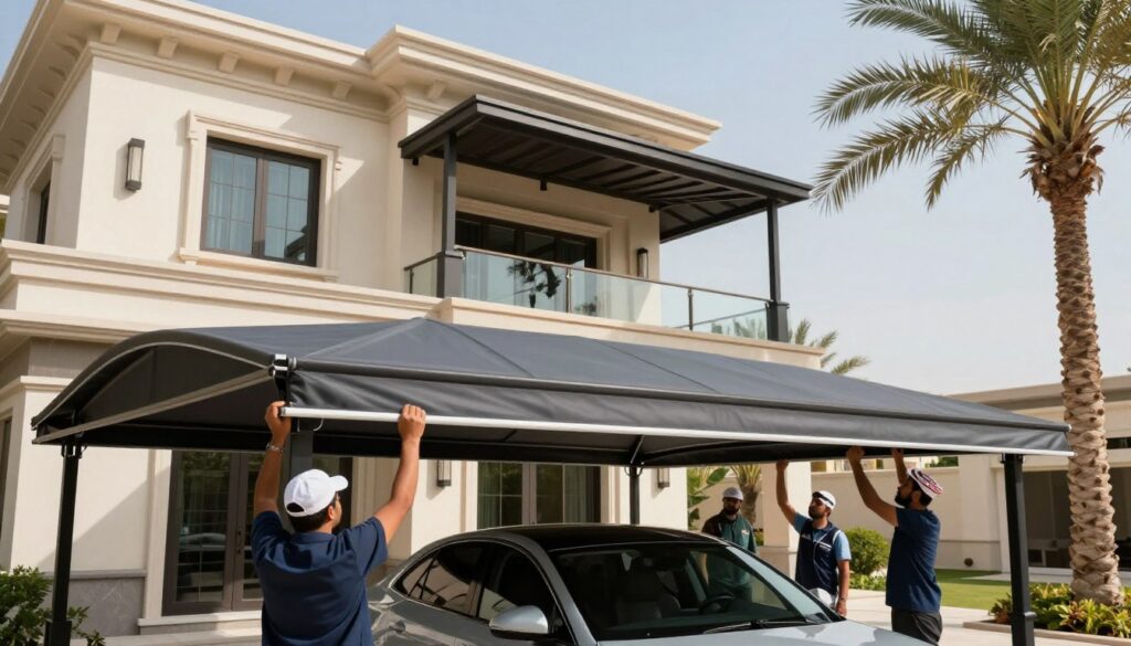 A professional team installing custom car shades and outdoor canopies designed for villas in Saudi Arabia. In the foreground, focus on skilled workers in professional attire, measuring and setting up elegant, durable canopies with a sleek, modern design. The middle layer features a beautifully constructed villa showcasing its architecture, with the newly installed shades providing practical aesthetics. The background presents a clear blue sky typical of the region, framed by palm trees swaying gently in the breeze. Soft, natural lighting illuminates the scene, casting gentle shadows that emphasize the quality of materials used. The mood is one of professionalism, quality craftsmanship, and customer satisfaction, reflecting the expertise of the Eastern Shade and Satar Company.