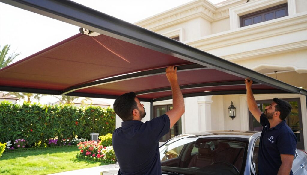 A professional team installing custom car shades and outdoor canopies in a luxurious villa in Saudi Arabia. In the foreground, depict two technicians in smart uniforms carefully measuring and adjusting the installation of a sleek, modern canopy. In the middle ground, showcase the partially installed canopy with its elegant design and rich colors, blending seamlessly with the villa's architecture. In the background, illustrate the villa's beautiful garden, featuring palm trees and vibrant flowers under a bright, sunny sky. The lighting should be warm and inviting, emphasizing the quality of the shades. Capture a sense of professionalism and efficiency in the atmosphere, highlighting the attention to detail in the installation process. The scene is vibrant and bustling, reflecting the high standards of Al Sharqia Shade and Canopy Services.