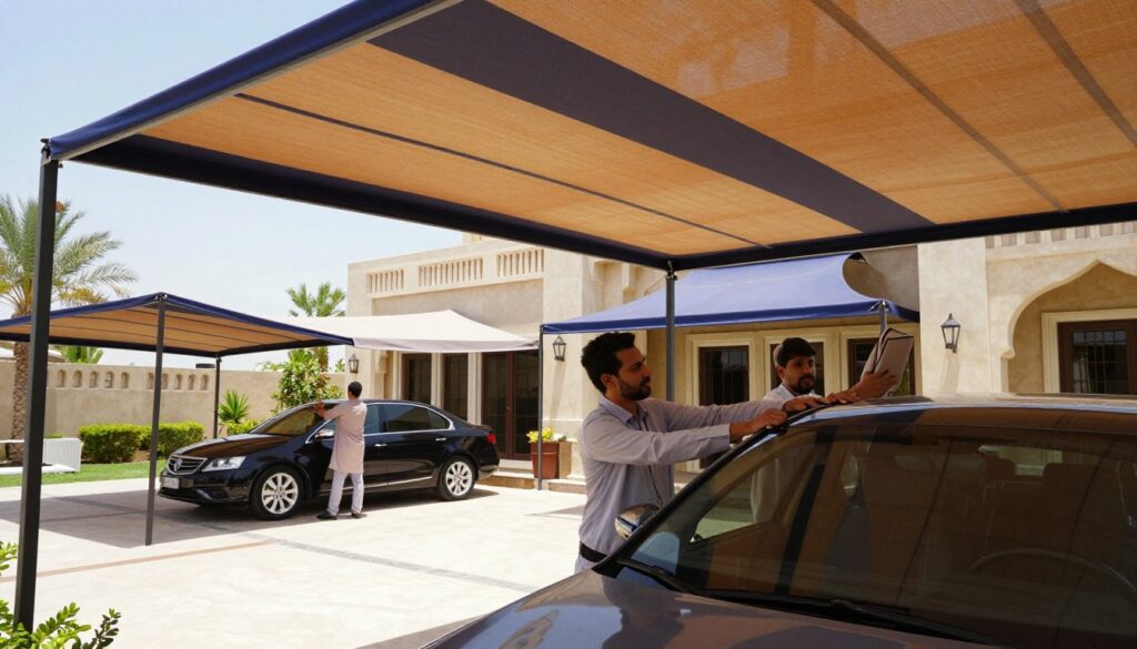 A professional team installing custom car shades and outdoor canopies in a sunny Saudi Arabian villa. In the foreground, two team members, dressed in modest professional attire, are carefully adjusting a large outdoor canopy above a car parked in the driveway. In the middle ground, several finished canopies dappled in shade provide an inviting atmosphere around the villa, showcasing varying designs and sizes. The background features a stunning villa with traditional Saudi architecture, landscaped gardens, and bright blue skies above. Soft, warm lighting highlights the textures of the structure and the vibrant colors of the canopies. The overall mood is professional and friendly, conveying a sense of reliability and quality service.