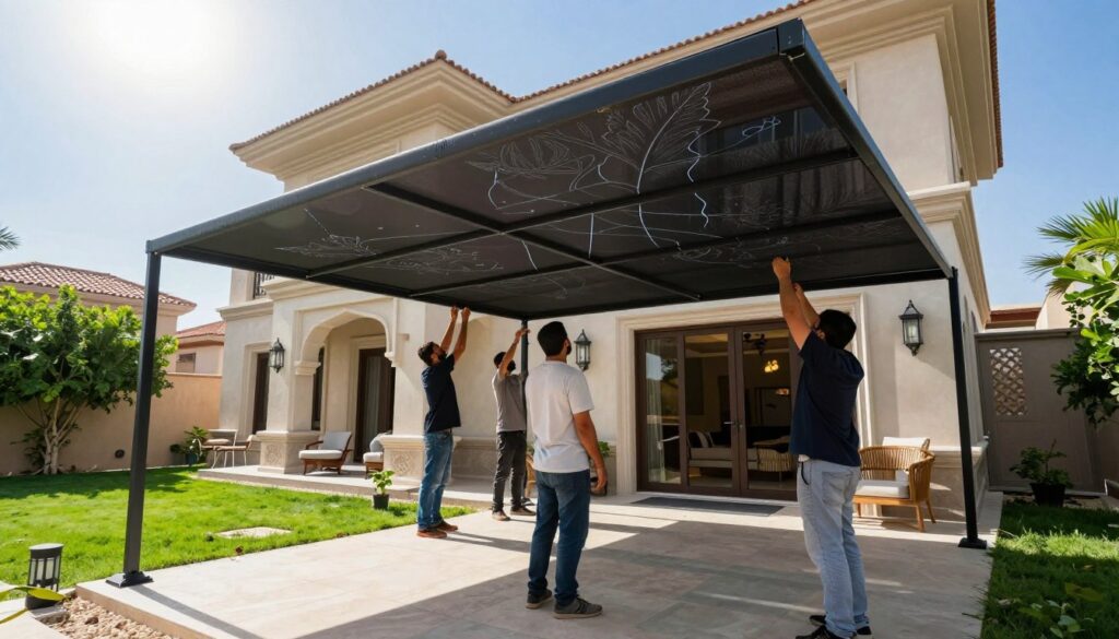 A professional team installing custom car shades and outdoor canopies in a vibrant Saudi villa setting. In the foreground, depict three workers, dressed in modest casual clothing, skillfully setting up a stylish canopy with a laser-cut pattern that showcases intricate designs. In the middle ground, highlight the beautifully designed villa, featuring elegant architecture, surrounded by lush greenery and outdoor furniture. The background should include a clear blue sky, with the sun shining brightly, creating soft shadows and a warm atmosphere. Capture this scene using a slightly elevated angle to provide a comprehensive view of the activity, focusing on the craftsmanship and dedication of the team. The overall mood should be one of professionalism and a commitment to quality service in outdoor living solutions.