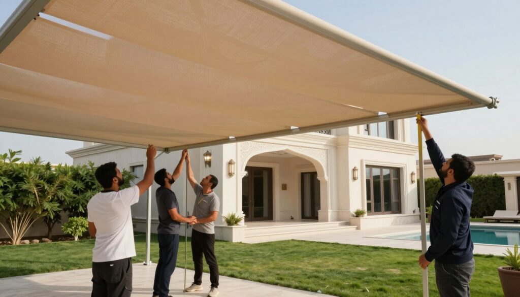 A professional team installing custom laser-cut shades and outdoor canopies at a luxurious villa in Jubail, Saudi Arabia. In the foreground, skilled workers in professional business attire are carefully measuring and adjusting the soft, flowing fabric of the canopy, showcasing precision and craftsmanship. The middle background features the elegant villa with modern architecture, adorned with intricate details, surrounded by lush greenery that complements the outdoor setting. In the background, a clear blue sky is illuminated by warm sunlight, creating a serene and welcoming atmosphere. The composition emphasizes teamwork and professionalism, highlighting the quality and installation expertise of the company, with a focus on detail and excellence in service.