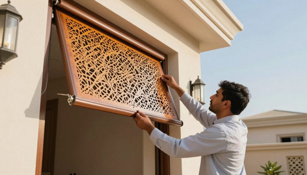 A professional team installing custom laser-cut shades at a villa in Jubail, Saudi Arabia. In the foreground, showcase a skilled worker carefully aligning a vibrant, intricate laser-cut shade against the villa's facade, displaying the detailed patterns created by the laser. In the middle ground, a second technician is adjusting the installation tools with focused collaboration, wearing professional business attire. The background features a sunny day with a clear blue sky, enhancing the outdoor setting and highlighting the elegance of the villa. Soft, diffused natural lighting casts gentle shadows, creating a warm and inviting atmosphere that emphasizes the importance and aesthetic benefits of laser-cut shades.