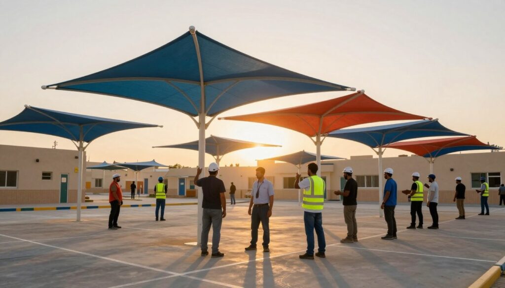 A professional team installing custom school canopies in an outdoor setting in Al Ahsa, Saudi Arabia. In the foreground, a diverse group of skilled workers in professional attire, carefully placing vibrant and sturdy shade structures designed for school environments. The middle ground features several completed canopies providing protection from the sun, with visible details showcasing strong materials and high-quality craftsmanship. In the background, the setting sun casts a warm, golden light, enhancing the mood of safety and reliability. The scene embodies a sense of collaboration and expertise, focused on quality standards in canopy installation. The atmosphere is positive and industrious, emphasizing the importance of safety and effective sun protection in educational settings.