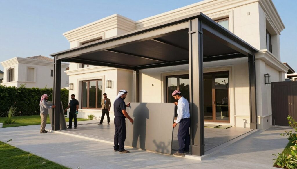 A professional team installing custom shade structures in a modern Saudi villa setting in Dammam. In the foreground, skilled workers wearing modest uniforms are carefully assembling sleek, modern shade panels made of high-quality materials. The middle ground features the elegantly designed villa with lush landscaping, showcasing the harmonious blend of architecture and shade solutions. In the background, the clear blue sky reflects the warm sunlight, casting gentle shadows on the ground. Capture this scene with a focus on clarity and detail, using natural lighting to highlight the textures of the shade structures and the villa. The mood is professional and sophisticated, emphasizing quality craftsmanship and contemporary design suitable for 2026.