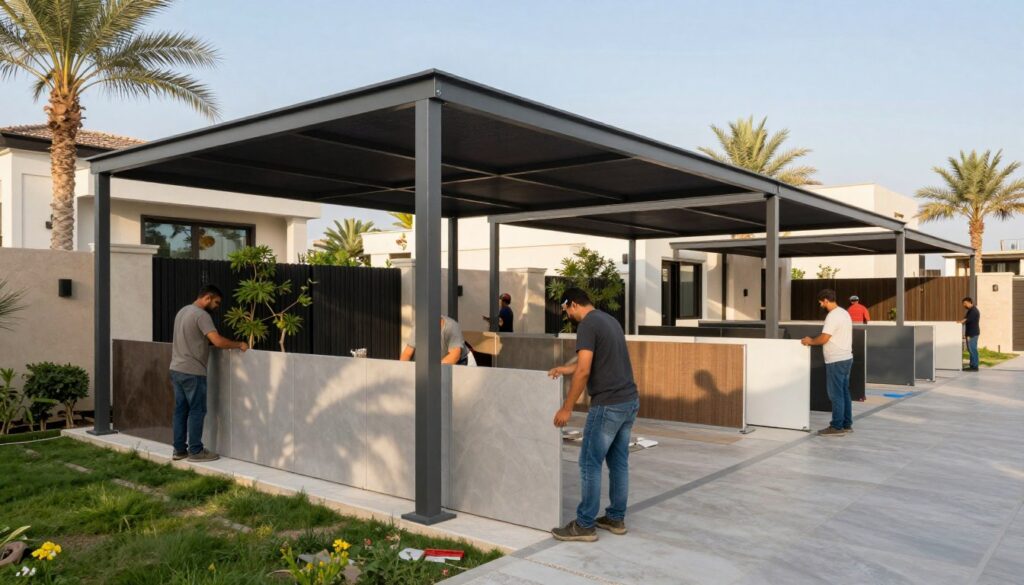 A professional team installing modern shade structures in a residential area of West Dammam. In the foreground, skilled workers in modest casual clothing are carefully positioning sleek, customized shade panels made of various high-quality materials. In the middle ground, the partially installed structures create an attractive, contemporary design that enhances the villa's aesthetic. The background features a well-maintained garden with palm trees and a clear blue sky, reflecting a lively atmosphere. Soft, natural lighting casts gentle shadows, emphasizing the textures of the shade materials. The angle captures both the installation process and the inviting ambiance of the residential neighborhood, showcasing a harmonious blend of functionality and style.