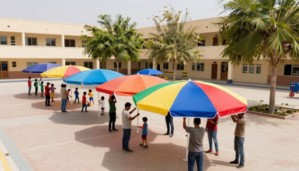 A professional team installing vibrant outdoor canopies and car shades in a school courtyard in Dammam. In the foreground, depict workers in modest casual clothing assembling a large, colorful umbrella, showcasing various canopy designs suitable for schools. The middle ground should feature a sunny school environment with children playing and engaging in outdoor activities under the shade of the installed umbrellas, promoting a sense of safety and comfort. The background should include a well-maintained school building and trees gently swaying in a light breeze, evoking a relaxed atmosphere. Use bright, natural lighting to enhance the cheerful mood, captured from a slightly elevated angle to emphasize the installation process and surrounding environment.