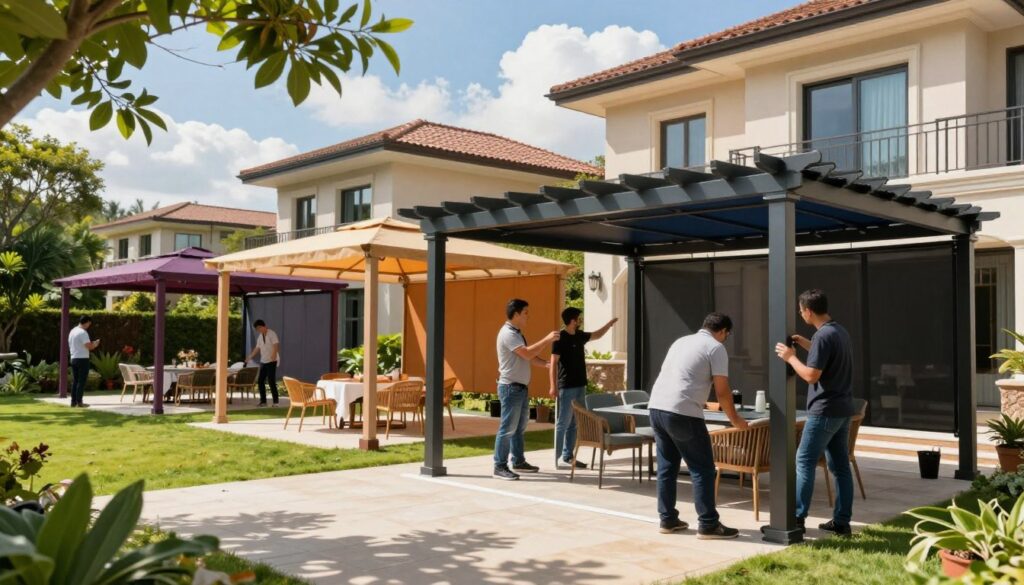 A professional team installs custom car shades and outdoor canopies in a lush garden setting, showcasing unique structures designed for villas. In the foreground, focus on the craftsmen, dressed in casual yet professional attire, measuring and assembling components of a sleek pergola. The middle ground highlights an array of beautifully designed canopies in various vibrant colors, offering shade over seating areas. In the background, elegant villas blend seamlessly with the surroundings, under a bright blue sky with soft, fluffy clouds. Natural sunlight filters through the leaves, casting playful shadows on the ground, creating a welcoming and relaxed atmosphere, perfect for outdoor gatherings. The image captures the detail of the materials used and the craftsmanship involved, embodying a sense of quality and customization.