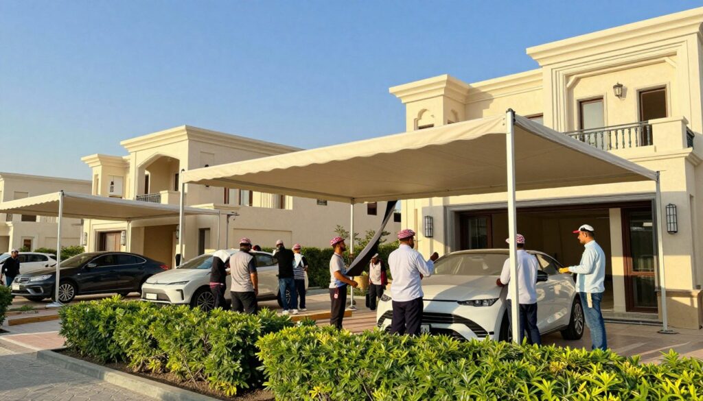 A professional team is actively installing custom car shades and outdoor canopies for luxurious villas in the city of Khobar, Saudi Arabia. In the foreground, skilled workers in professional business attire are focused on securing a bright, elegant canopy, showcasing their expertise. In the middle, beautifully designed villas can be seen with modern architecture and lush greenery surrounding them, enhancing the luxurious feel. The background features a clear blue sky, typical of Khobar's climate, casting warm sunlight that illuminates the scene, creating a vibrant and inviting atmosphere. Use a wide-angle lens effect to capture the depth and scale of the installation, emphasizing the importance of canopies in providing shade and enhancing outdoor spaces in a stylish way. The overall mood should be industrious yet serene, highlighting the significance of these installations in the region. A professional team is actively installing custom car shades and outdoor canopies for luxurious villas in the city of Khobar, Saudi Arabia. In the foreground, skilled workers in professional business attire are focused on securing a bright, elegant canopy, showcasing their expertise. In the middle, beautifully designed villas can be seen with modern architecture and lush greenery surrounding them, enhancing the luxurious feel. The background features a clear blue sky, typical of Khobar's climate, casting warm sunlight that illuminates the scene, creating a vibrant and inviting atmosphere. Use a wide-angle lens effect to capture the depth and scale of the installation, emphasizing the importance of canopies in providing shade and enhancing outdoor spaces in a stylish way. The overall mood should be industrious yet serene, highlighting the significance of these installations in the region.