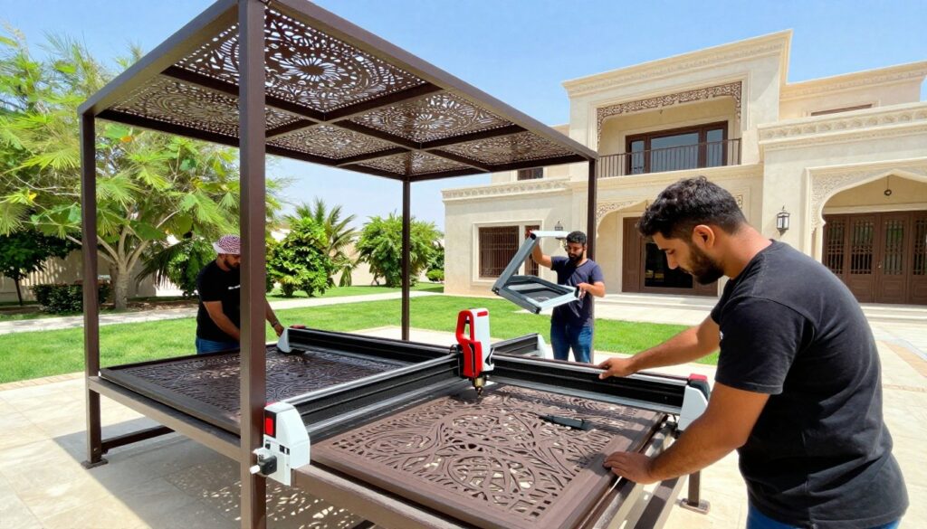 A professional team is installing custom laser-cut shade canopies in a beautiful villa garden in Jubail, Saudi Arabia. In the foreground, focus on a skilled technician expertly handling a laser cutting tool, showcasing precision in creating intricate designs on metal shades. In the middle ground, display a partially assembled canopy with decorative patterns, while another team member holds the frame, demonstrating collaboration and craftsmanship. The background features a luxurious villa with traditional Saudi architectural elements, surrounded by lush greenery under a bright, sunny sky. The mood is vibrant and productive, with clear blue skies and natural light illuminating the scene, captured from a slightly elevated angle to emphasize both the installation process and the beautiful environment.