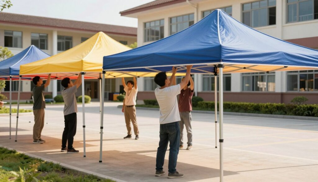 A professional team is installing outdoor school canopies in a bright, sunlit setting. In the foreground, several team members are carefully assembling and securing large, colorful shades while wearing modest casual clothing. The middle ground showcases the partially completed installation of the canopies, casting diagonal shadows on the ground below. In the background, a modern school building with large windows and pleasant landscaping adds context to the scene. The image captures the mood of teamwork and efficiency, with warm, natural lighting enhancing the vibrancy of the colors. The angle is slightly elevated, giving a clear view of the whole operation without any text or distractions.