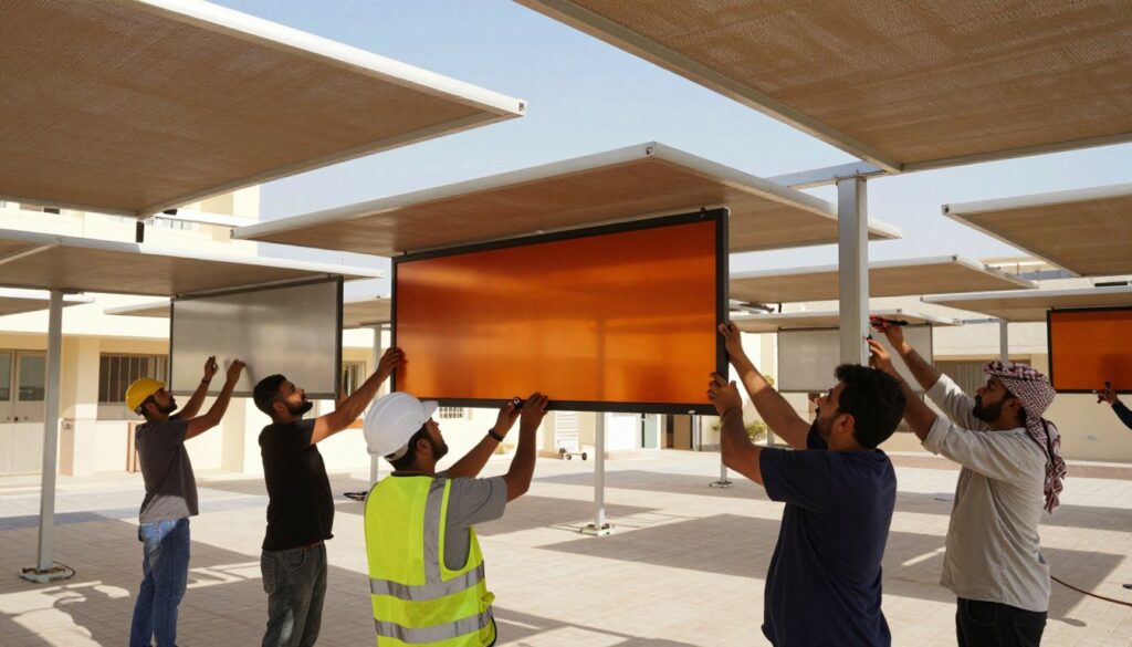 A professional team is installing sleek metallic shades in a school courtyard setting in Dammam, Saudi Arabia. In the foreground, focus on skilled workers wearing safety gear and business casual clothing, collaborating to position the vibrant metallic screens with precise tools. The middle section features the partially installed shades, showing their structural design and texture under bright sunlight. In the background, a clear blue sky contrasts with nearby school buildings, enhancing the scene's atmosphere. Use a high-angle perspective to capture the installation process from above, highlighting the teamwork and innovation involved. Soft, natural lighting creates a warm and inviting mood, emphasizing the professionalism of the setting without any text or logos.