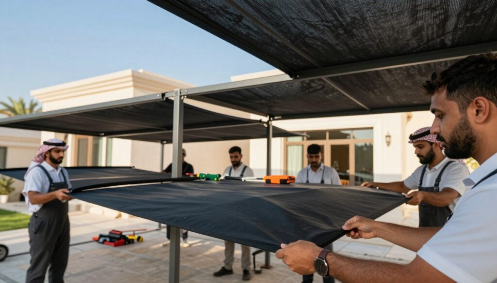 A professional team meticulously installing custom car shades and outdoor canopies for villas in Saudi Arabia, emphasizing punctuality and precision in execution. In the foreground, a close-up view of skilled workers in professional business attire, focused on aligning the structures accurately. The middle ground features partially assembled canopies with tools neatly arranged, showcasing a sense of organization. The background reveals a sunlit villa setting with clear blue skies, highlighting the serene atmosphere of a productive work environment. Use warm, natural lighting to enhance the feeling of professionalism and dedication. Capture the scene from a slightly elevated angle to provide depth, ensuring all elements depict commitment to timelines and attention to detail in the construction process.