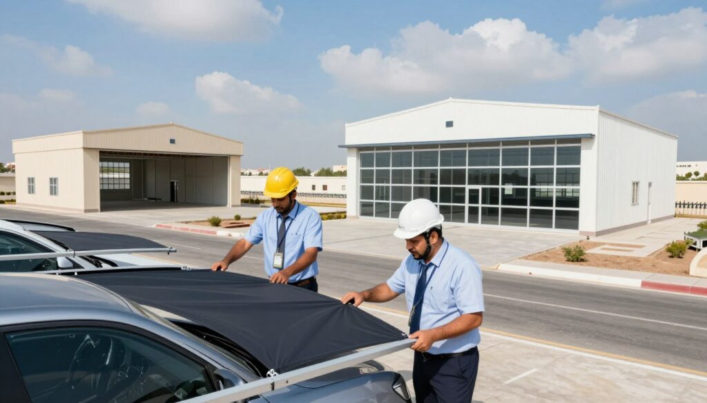 A professional team of engineers and installers in business attire is working diligently to erect custom industrial and commercial structures in Jubail. In the foreground, two workers are collaborating on the installation of car shades and outdoor canopies, showcasing their expertise. The middle ground features partially constructed hangars, displaying a blend of traditional and modern architectural elements with large, clear windows. The background showcases a sunny landscape of Jubail's industrial zone, with blue skies and scattered clouds. The lighting is bright, highlighting the team’s focused expressions and the materials being used. The atmosphere conveys teamwork, precision, and commitment to quality work in the commercial sector, emphasizing partnerships with local suppliers.