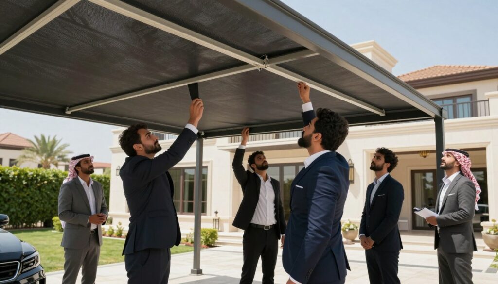 A professional team of men and women in smart business attire, engaged in installing custom car shades and outdoor canopies for a modern villa in Saudi Arabia. In the foreground, focus on the teamwork: one member holding a shade while another is securing it in place, displaying a sense of collaboration and professionalism. The middle ground features the elegant villa, showcasing architectural details and a well-landscaped garden, indicating an upscale environment. The background reveals clear blue skies typical of the region, enhancing the warm and inviting atmosphere. Use bright natural lighting to illuminate the scene, with the camera angle slightly upward to capture both the team and the beautiful surroundings, conveying a mood of productivity and expertise. A professional team of men and women in smart business attire, engaged in installing custom car shades and outdoor canopies for a modern villa in Saudi Arabia. In the foreground, focus on the teamwork: one member holding a shade while another is securing it in place, displaying a sense of collaboration and professionalism. The middle ground features the elegant villa, showcasing architectural details and a well-landscaped garden, indicating an upscale environment. The background reveals clear blue skies typical of the region, enhancing the warm and inviting atmosphere. Use bright natural lighting to illuminate the scene, with the camera angle slightly upward to capture both the team and the beautiful surroundings, conveying a mood of productivity and expertise.