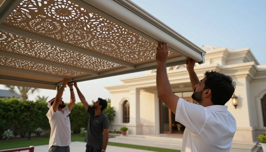 A professional team of skilled workers installing custom laser-cut shades and outdoor canopies at a luxurious villa in Saudi Arabia. In the foreground, focus on a technician adjusting a laser-cut shade with intricate designs, showcasing craftsmanship. In the middle ground, another professional is working on a canopy structure, demonstrating teamwork and precision. The background features the elegant villa, framed by lush landscaping under a clear blue sky. The scene is illuminated by soft, warm sunlight, creating a welcoming atmosphere. The photo is captured with a slight upward angle to emphasize the height of the shades and canopies, conveying a sense of sophistication and professionalism. The overall mood should evoke trust, quality service, and an inviting ambiance.