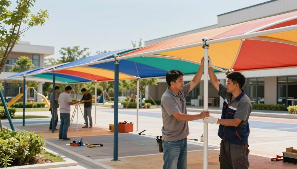 A professional team of skilled workers installing custom outdoor canopies and car shades in a modern public space. In the foreground, two men in professional work attire are carefully securing a large, colorful fabric canopy over a school playground, their expressions focused and diligent. The middle ground showcases a partially completed installation with tools and materials scattered, indicating an active work site. In the background, a clear blue sky contrasts with the vivid colors of the canopies, while nearby trees provide a touch of greenery. Soft, natural lighting enhances the scene, giving a sense of a warm, sunny day. The atmosphere is industrious yet calm, highlighting the importance of providing shade and protection in public spaces. A professional team of skilled workers installing custom outdoor canopies and car shades in a modern public space. In the foreground, two men in professional work attire are carefully securing a large, colorful fabric canopy over a school playground, their expressions focused and diligent. The middle ground showcases a partially completed installation with tools and materials scattered, indicating an active work site. In the background, a clear blue sky contrasts with the vivid colors of the canopies, while nearby trees provide a touch of greenery. Soft, natural lighting enhances the scene, giving a sense of a warm, sunny day. The atmosphere is industrious yet calm, highlighting the importance of providing shade and protection in public spaces.