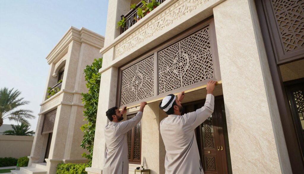 A professional team of skilled workers installs custom laser-cut shades on an elegant villa in Al Jubail, Saudi Arabia. The foreground features two technicians, dressed in modest, professional attire, carefully measuring and aligning intricate, beautifully designed laser-cut panels, showcasing detailed geometric patterns. In the middle, the villa’s façade, adorned with natural stone and greenery, complements the modern aesthetic of the laser-cut shades. The background reveals a clear blue sky and a few palm trees, enhancing the serene atmosphere of the setting. Use soft, natural lighting to highlight the textures of the materials and display a bright, inviting mood. The angle captures the teamwork and precision of the installation process, inviting viewers to appreciate the craftsmanship involved.